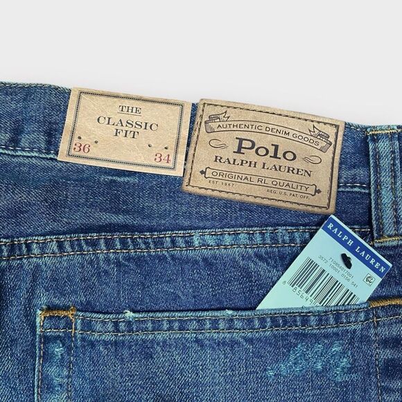Polo Ralph Lauren Tiger Military Patch Patchwork Distressed Jeans size 36x34 New - Picture 9 of 14